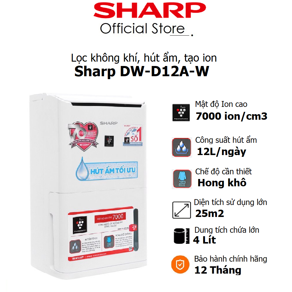 Máy lọc không khí hút ẩm Sharp DW-D12A-W diên tích 25m2, Công nghệ ion Plasmacluster - Bảo hành chính hãng 12 Tháng
