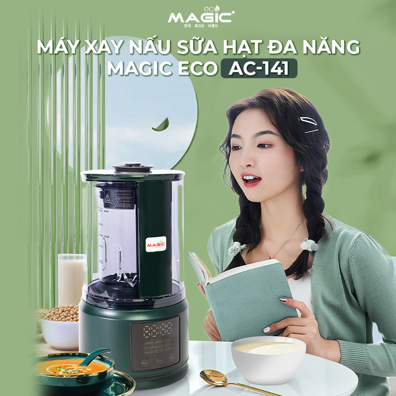 Máy xay nấu sữa hạt đa năng Magic Eco AC-141,màn hình cảm ứng,9 chương trình nấu tự động,khử khuẩn nhiệt độ cao,chống ồn hiệu quả 53dB,tự động vệ sinh,lưỡi dao 4D,cài đặt giờ thông minh 24h,CS 500W,bảo hành chính hãng 30thn