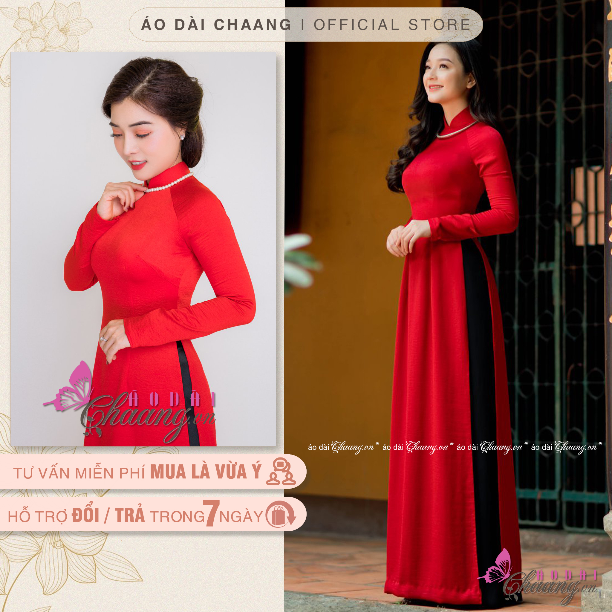 Áo dài truyền thống màu đỏ CHAANG may sẵn áo dài lụa tây thi, vải mềm co giãn tốt, màu đỏ/trắng/hồng/xanh