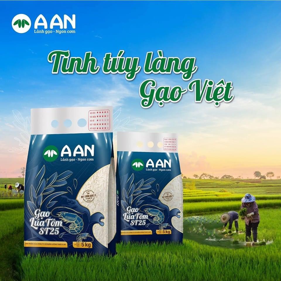 Gạo lúa tôm AAn ST25 túi 5Kg, Hạt cơm trắng dài, bóng, dẻo nhiều, khi nguội vẫn mềm dẻo
