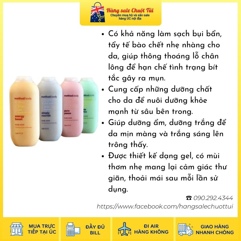 Sữa tắm Method Body Úc 535ml [Hàng nội địa Úc, đủ bill]