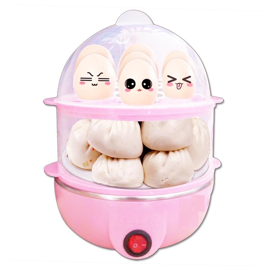 Máy luộc trứng mini kiêm nồi hấp thức ăn đa năng 2 tầng (Hồng)