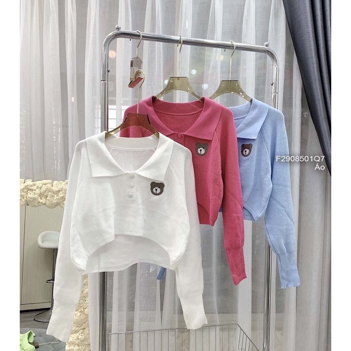 Áo len croptop cổ bẻ tay dài phối gấu