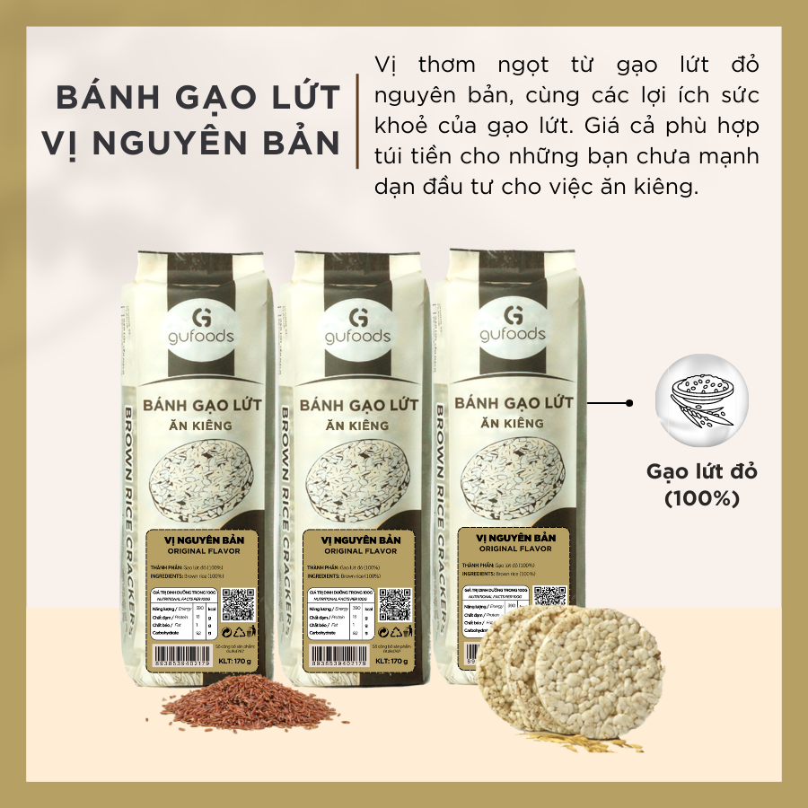 Bánh ăn kiêng, tập GYM gạo lứt vị Nguyên bản GUfoods - Không đường, Phù hợp Eat clean, Thực dưỡng