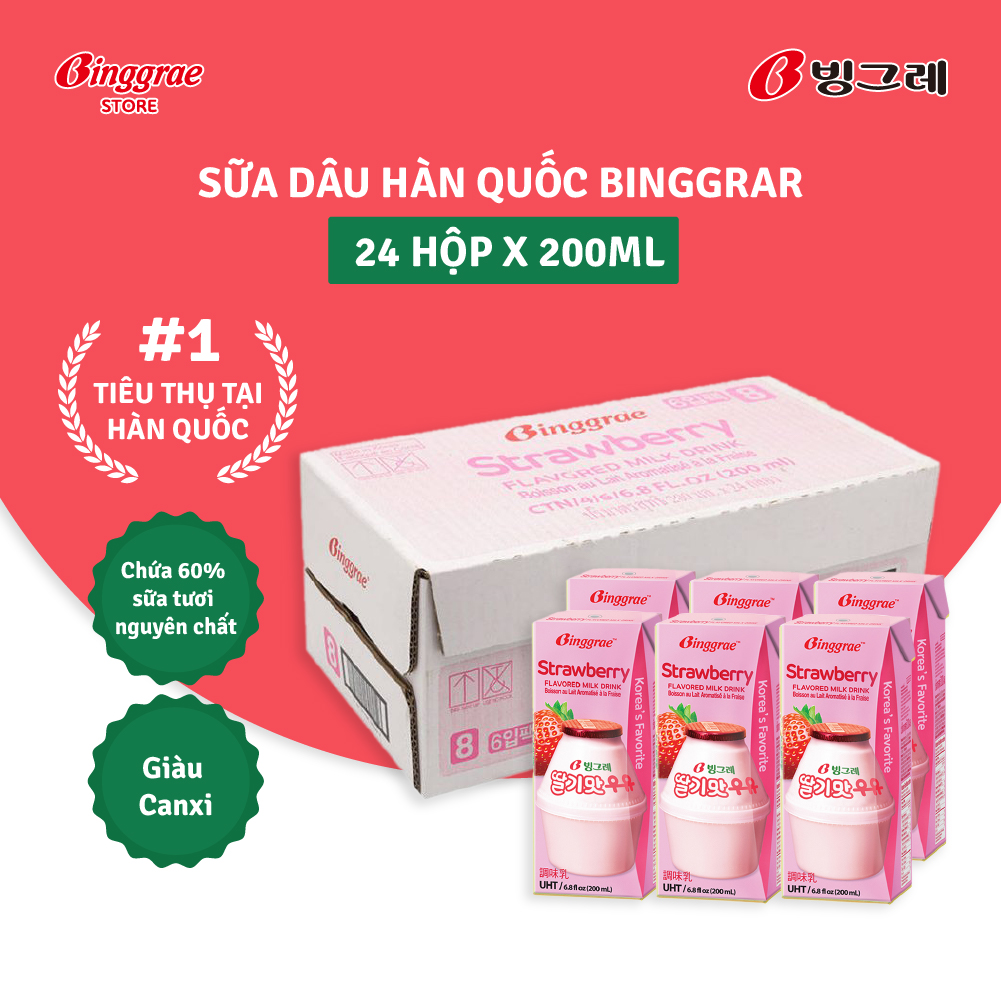 Thùng Sữa Dâu Hàn Quốc Binggrae Strawberry Milk 200ml x 24 hộp