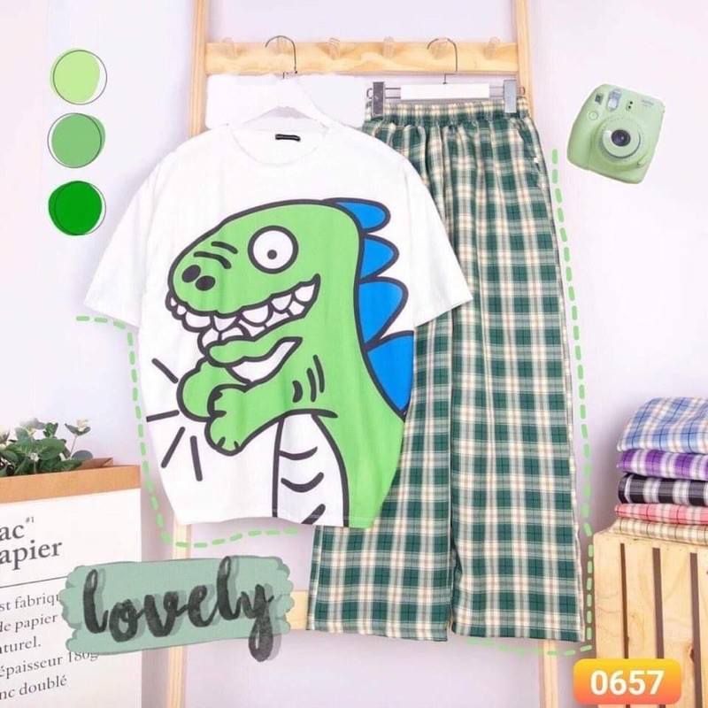 [FREESHIP] bộ áo thun tay lỡ khủng Long xanh + quần kẻ caro ống rộng màu xanh Kt
