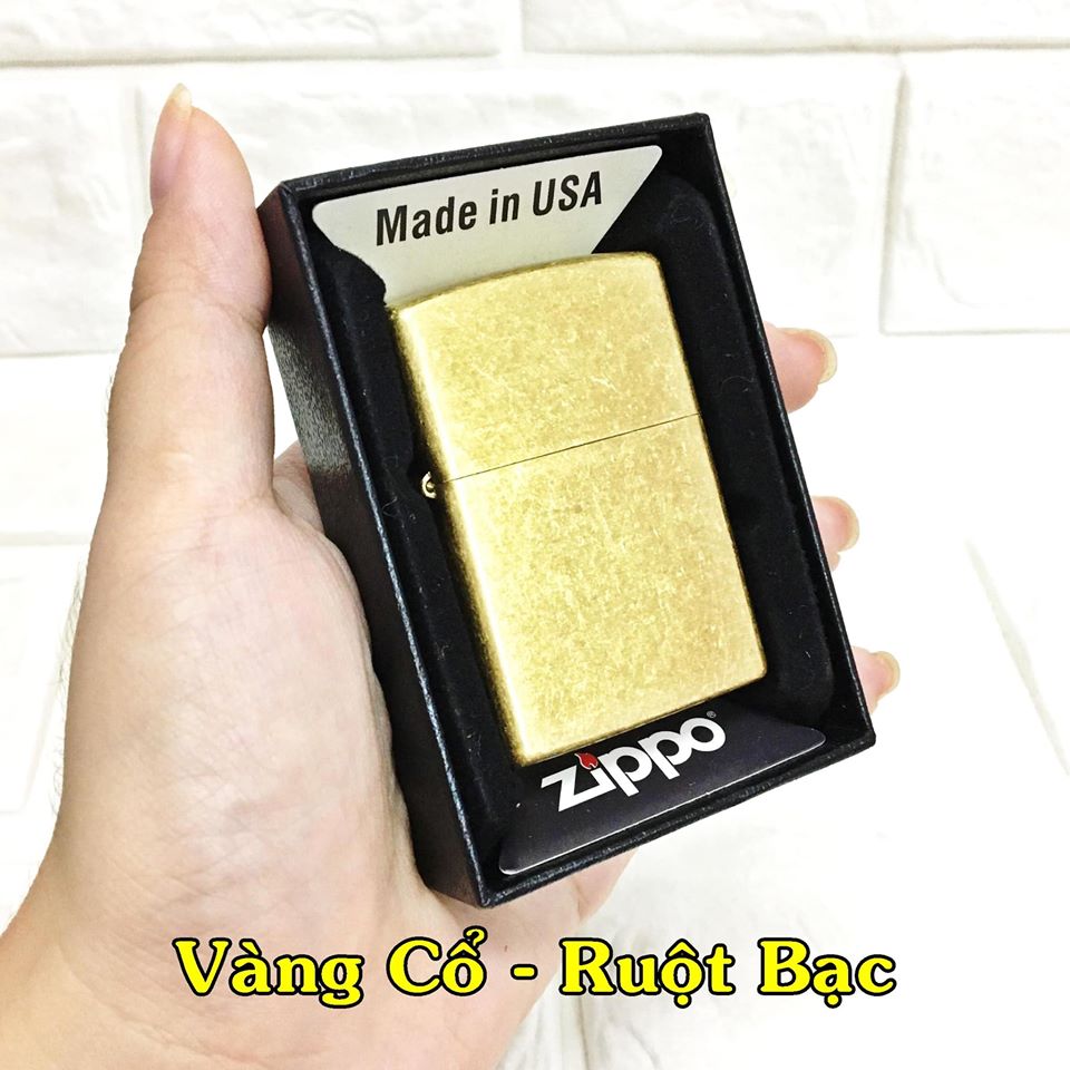 [ KHUYẾN MÃI ] Hột Quẹt , Bật Lửa Zippo Mỹ ( USA ) Màu Vàng Cổ Điển - Ruột Bạc ( Có Tem Đỏ )
