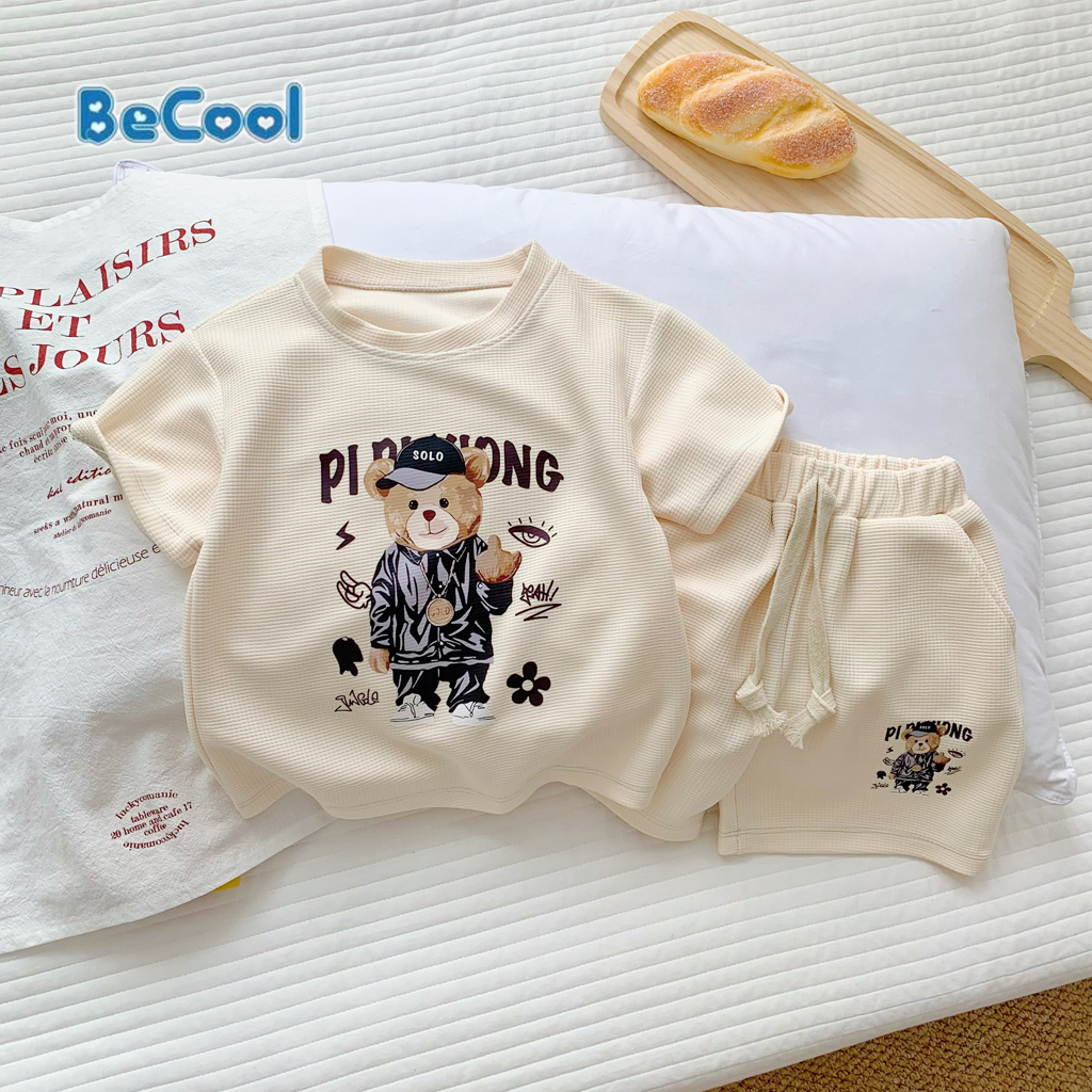 Bộ cộc in hình chú gấu bé trai, bộ cộc gấu chất tổ ong cho bé từ 10-27kg - lila kids