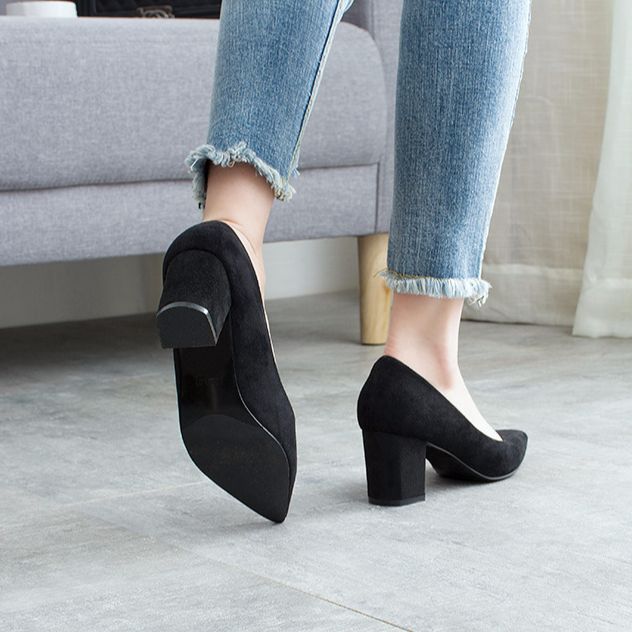 Giày cao gót da lộn đế vuông 6cm. Giày công sở siêu êm.