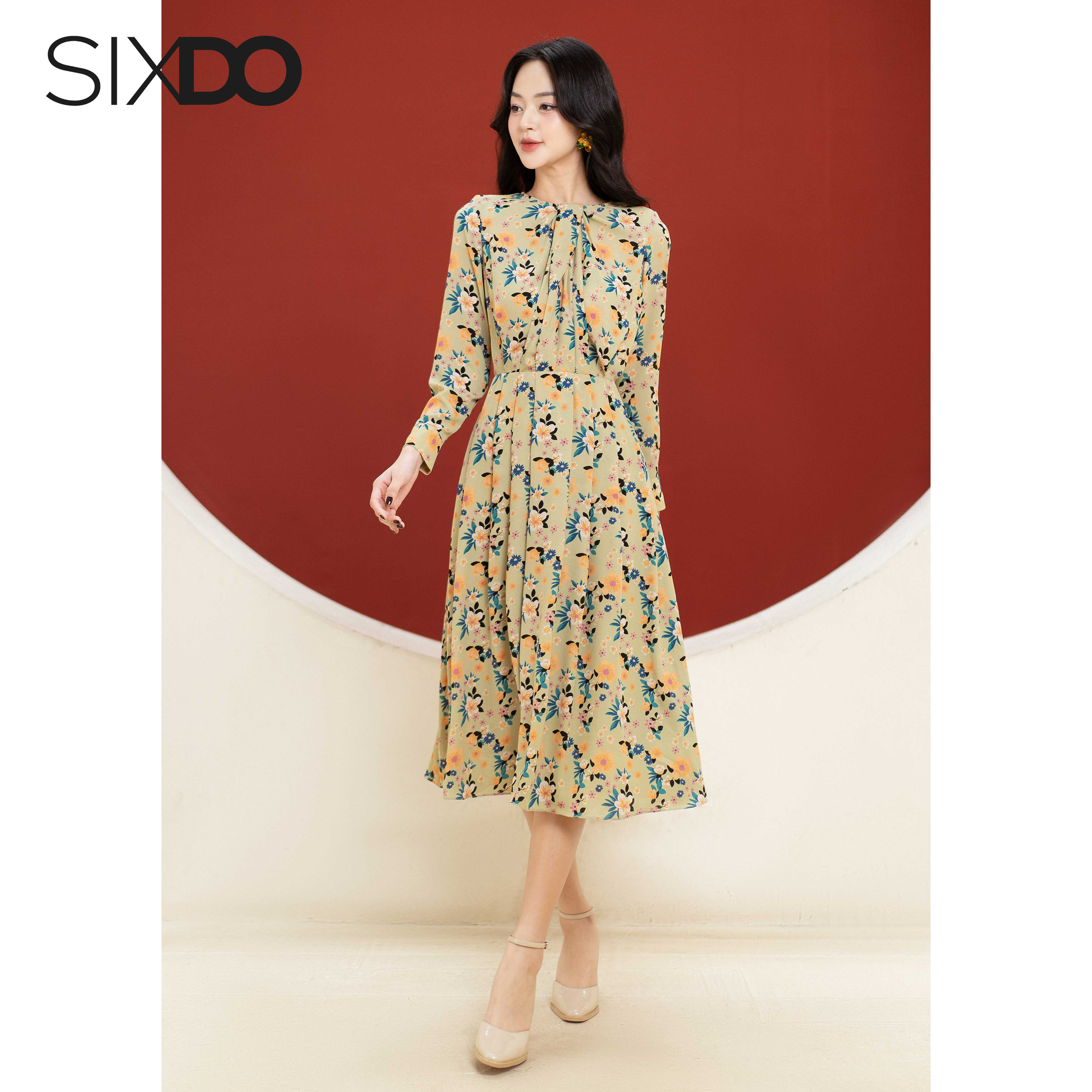 Đầm hoa chiffon xếp ly dài tay SIXDO (Green Nuggets Floral Midi Chiffon Dress)