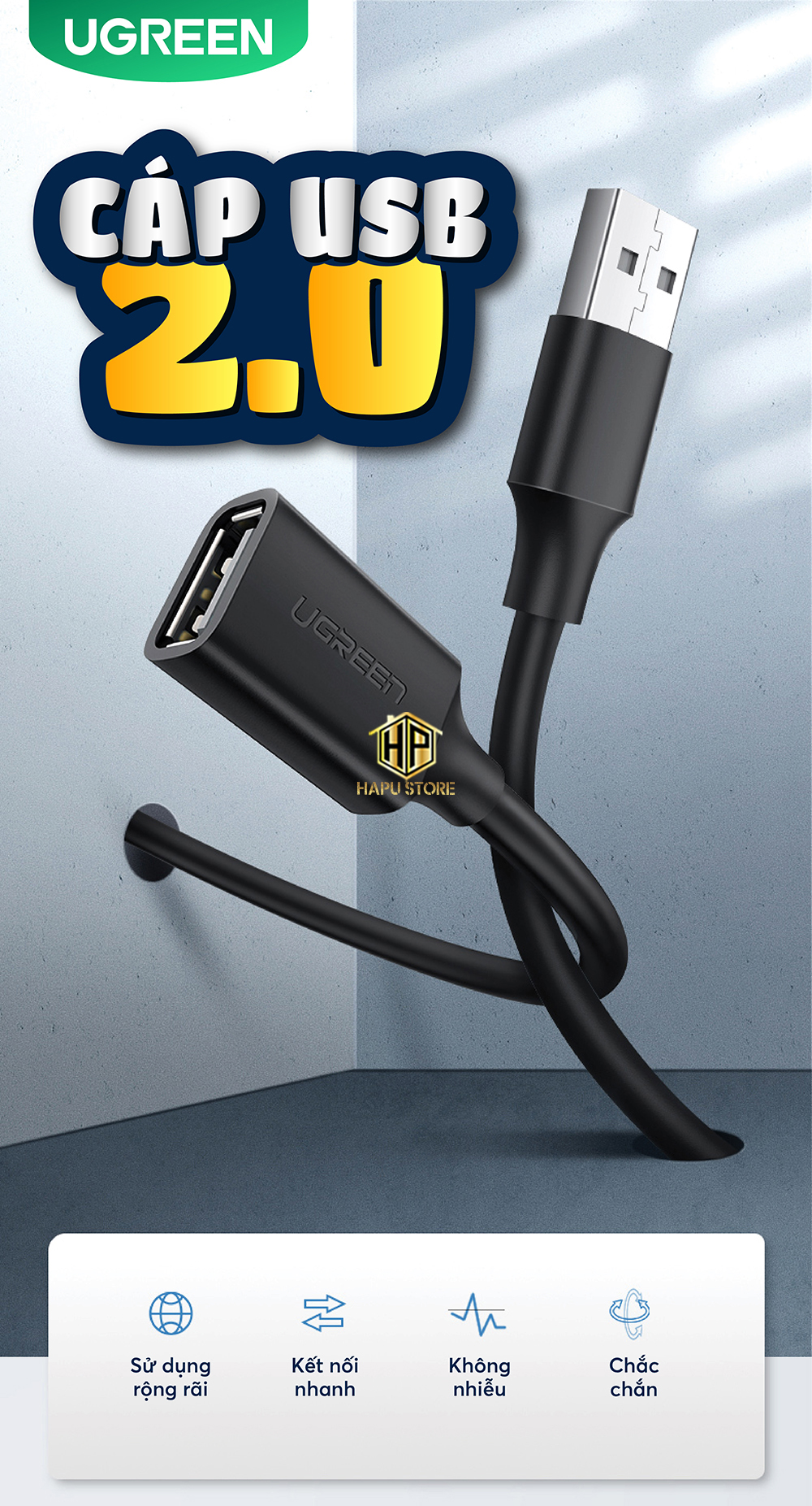 Ugreen 10313 - Cáp USB 2.0 nối dài 0,5M cao cấp - HapuStore