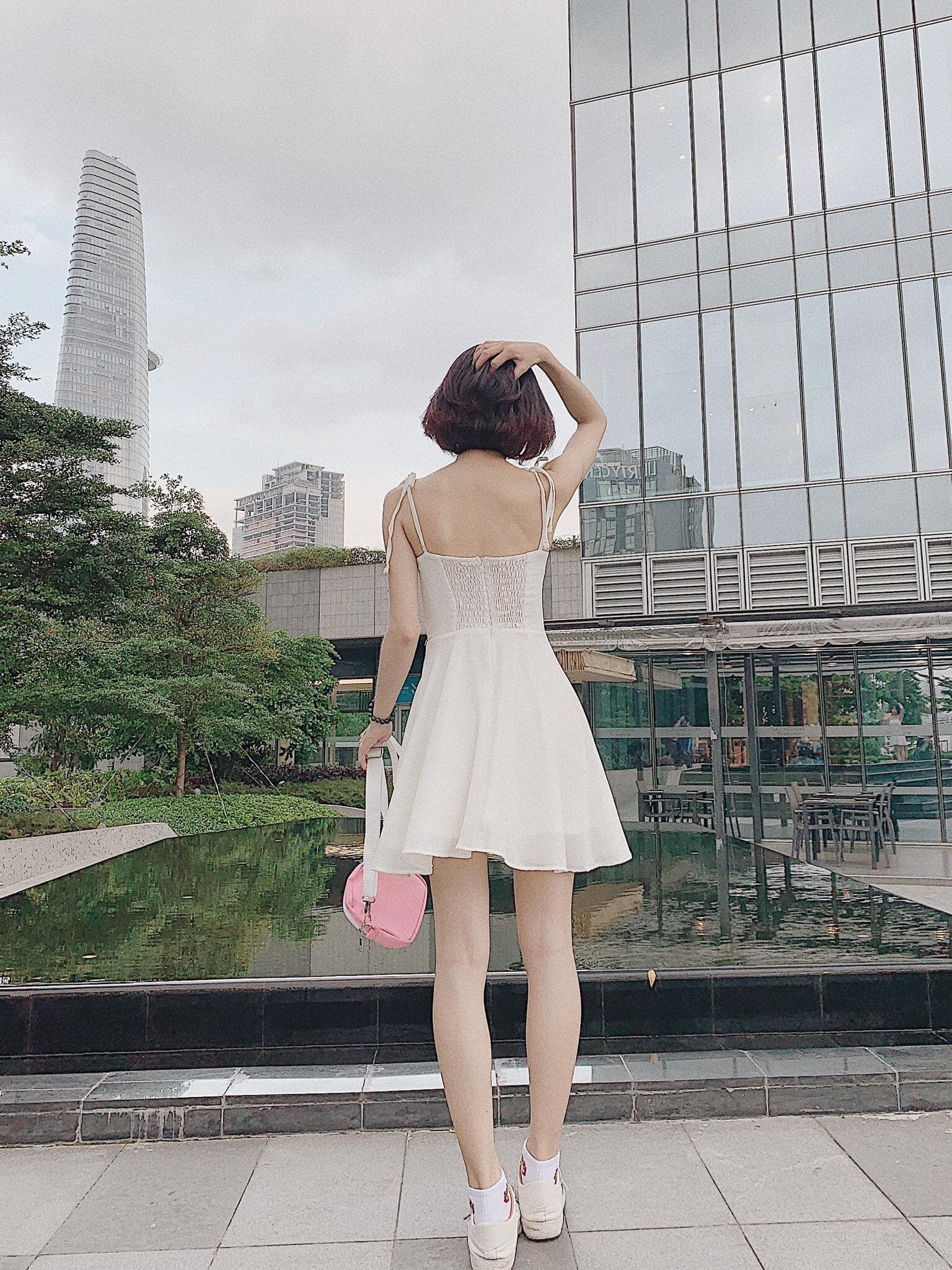 [HCM]Đầm 2 Dây Thắt Nơ Vai Chun Lưng