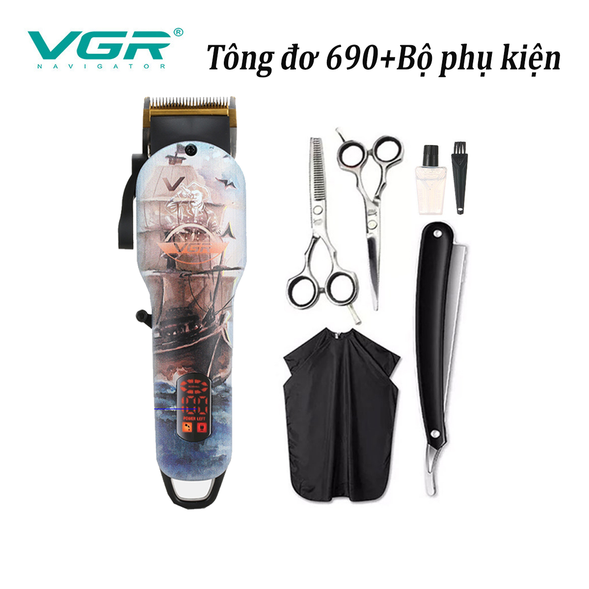 Tăng đơ cắt tóc cao cấp, Tông đơ cắt tóc loại xịn VGR-690, Máy hớt tóc gia đình trẻ em loại tốt, Tông đơ hớt tóc chuyên nghiệp pin cực trâu lưỡi cắt sắc bén màn hình LED hiển thị tiện lợi bảo hành 5 năm