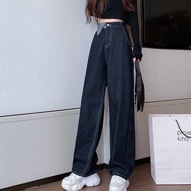 Quần jeans dài cạp cao, quần jeans dài ống rộng phong cách hàn quốc_j17