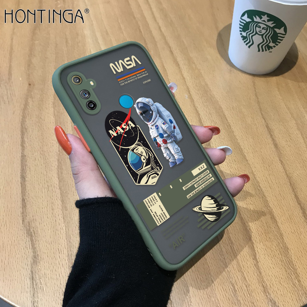 Hontinga Casing Case For Realme C3 Case Creative NASA America Space National Astronaut Frosted Transparent Phone Casing Full Back Cover Camera Protect Cases Hard Case For Girls For Boys For Men