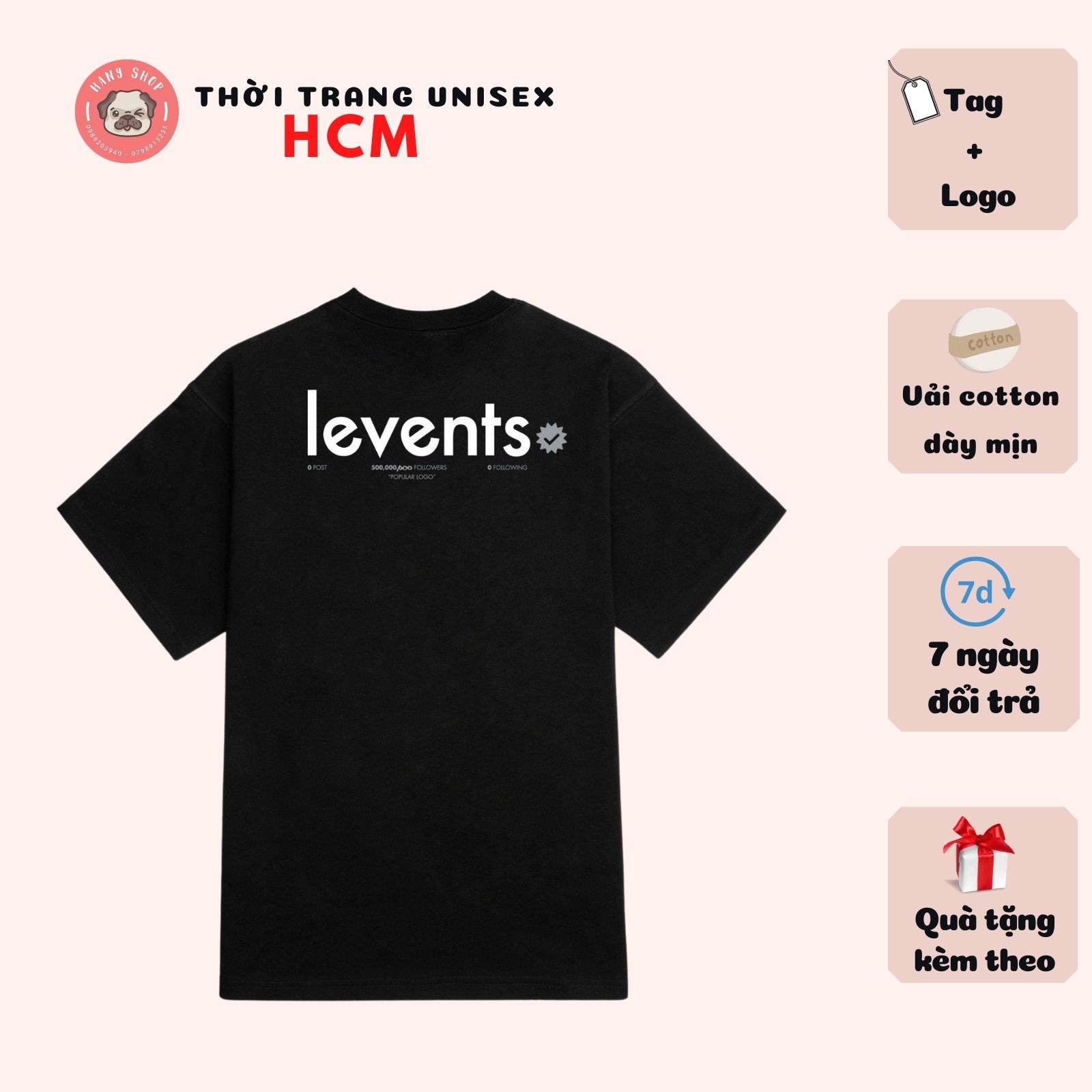 Áo thun tay lỡ Levents Popular Logo màu đen phong cách unisex nam nữ cho người từ 40kg đến 90kg chất vải cotton dày mịn có đầy đủ tag Thời trang Unisex HCM AL147