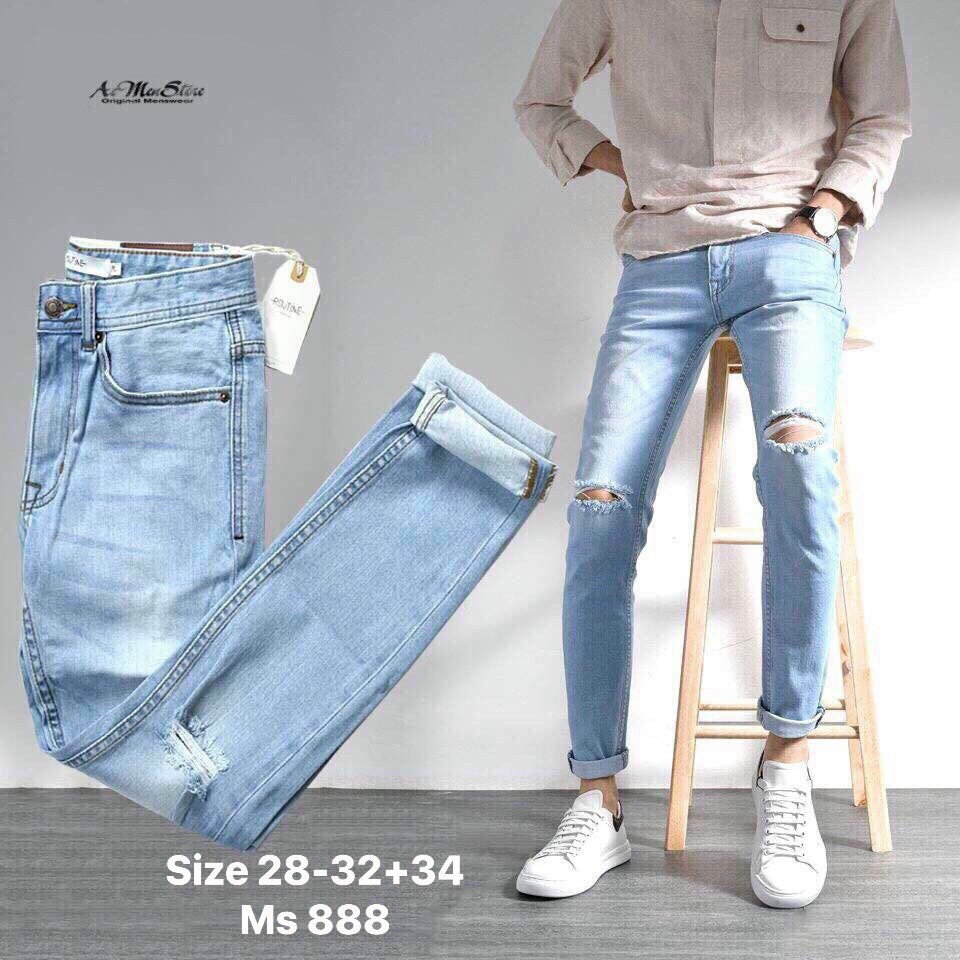 Quần jean nam xanh nhạt rách gối chất bò cao cấp M1991