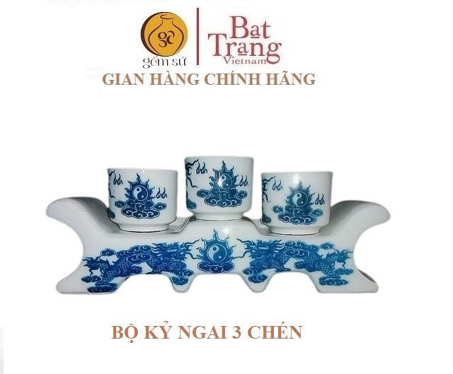 Bộ kỷ ngai 3 chén, gốm sứ Bát Tràng