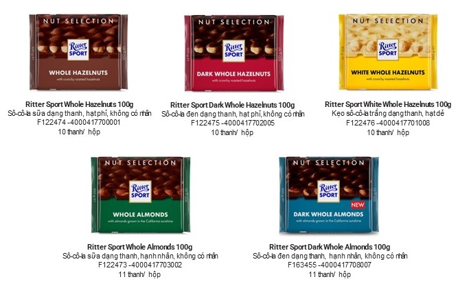 Socola Ritter Sport Colofull thanh hạt 100gr (đủ vị)
