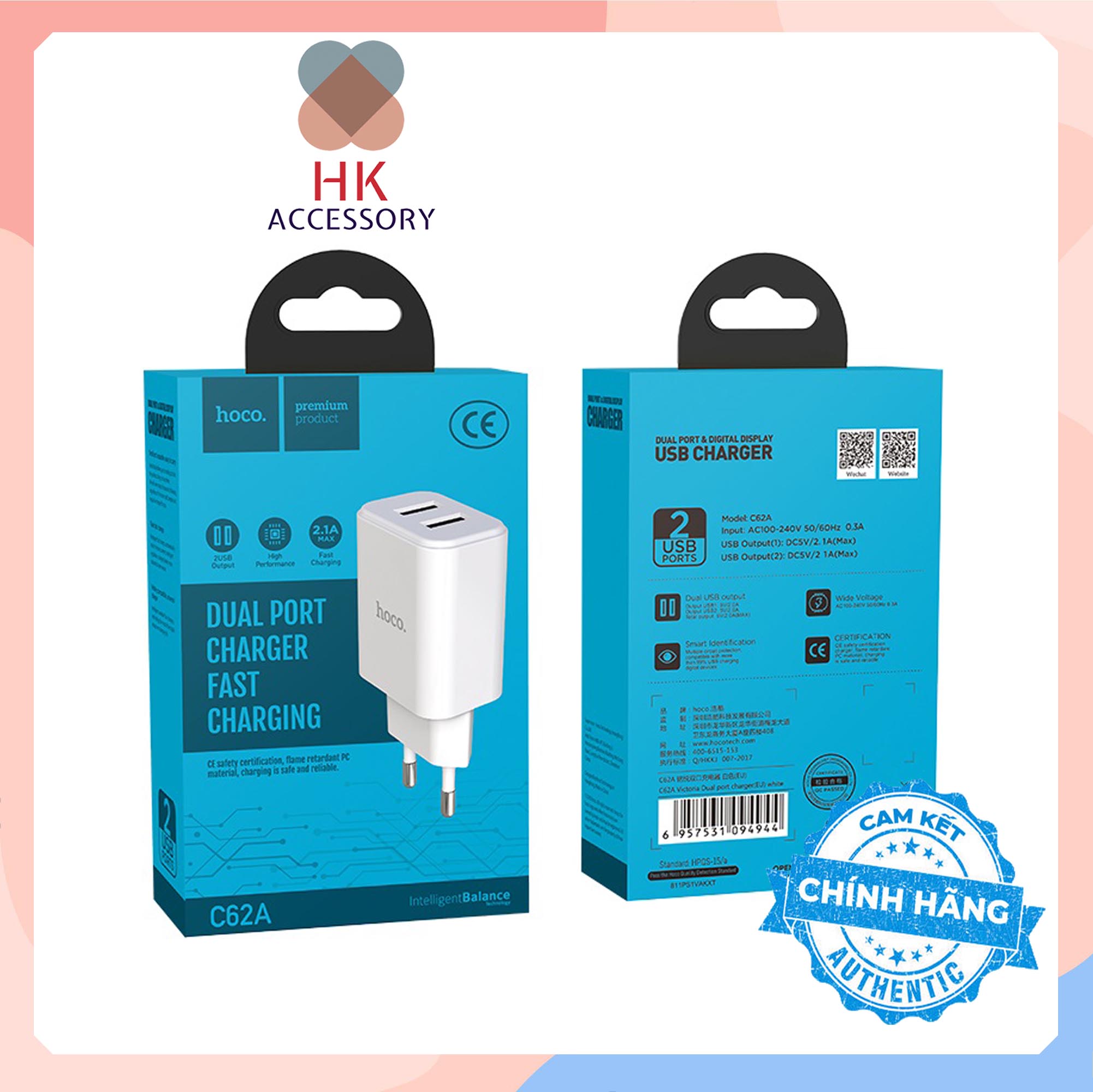 Củ sạc cóc sạc 02 cổng HOCO C62A Hàng Chính Hãng
