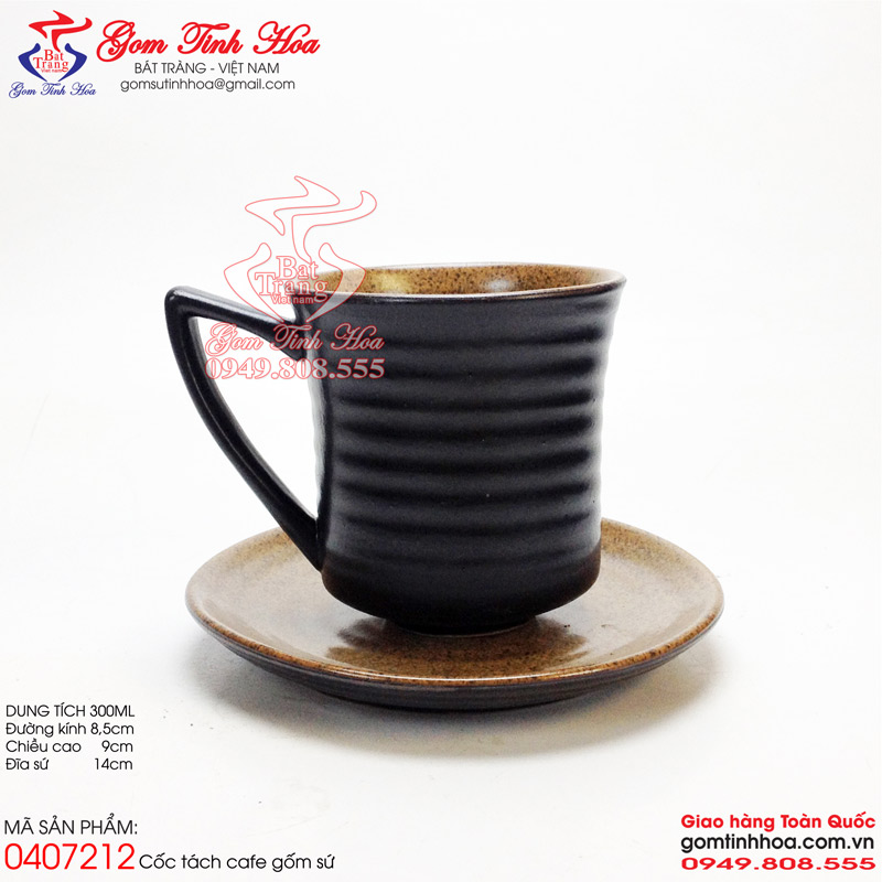 Ly cốc cafe quai vếch men đen lòng gốm