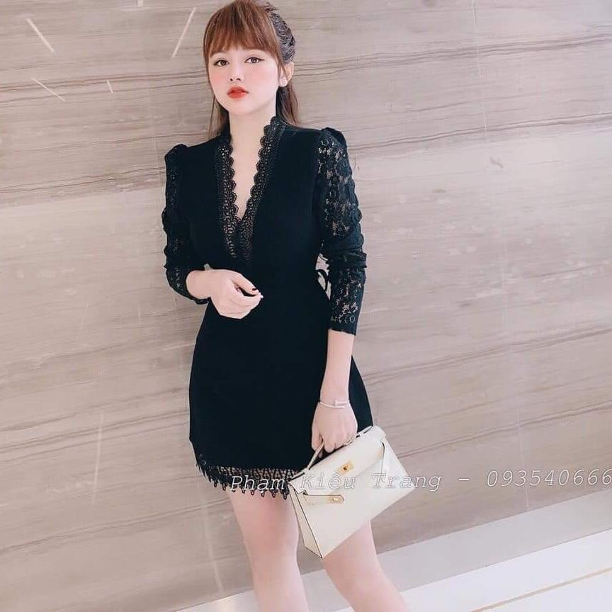 đầm body cổ V tay phối ren