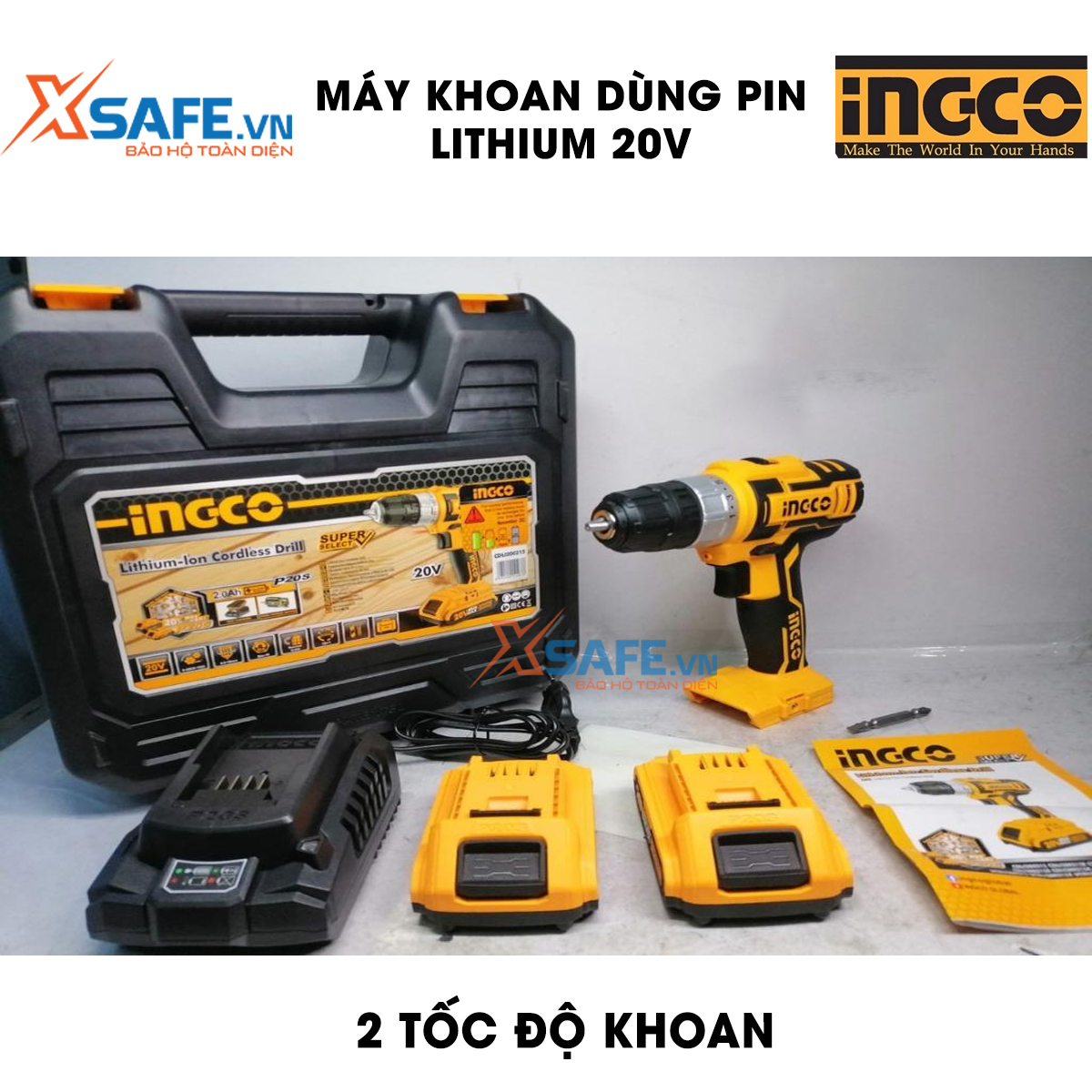Drill using lithium battery 20V ingco CDLI200215 bundled 2 battery and 1 fast charging in one hour. Electric drill lithium battery 20V two speed 0-400Min and 0-1500/min, WARRANTY 3 month-genuine product by xsafe