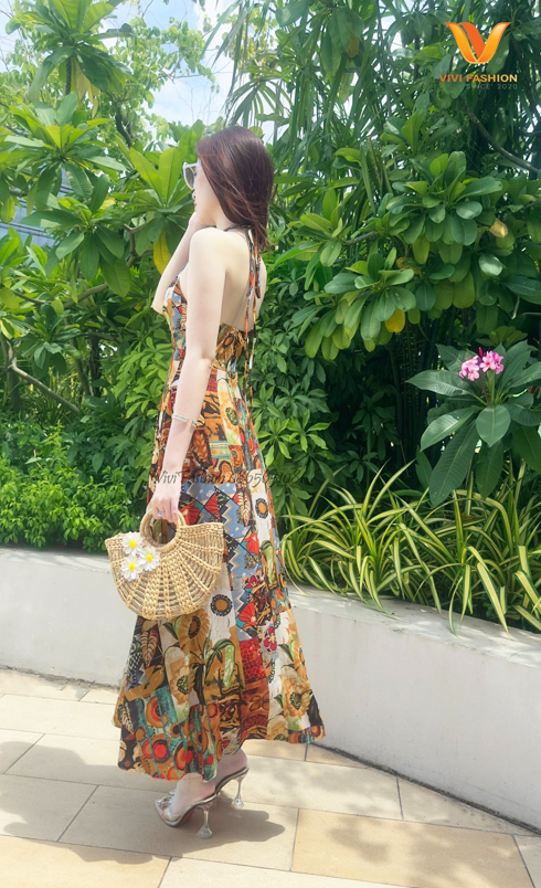 Đầm Maxi Thổ Cẩm Cổ Yếm, Maxi Đi Biển Sang Trọng, Maxi Lụa Mango Cao Cấp