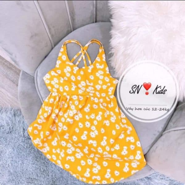 Váy hoa cúc họa mi đan dây lưng cho bé gái