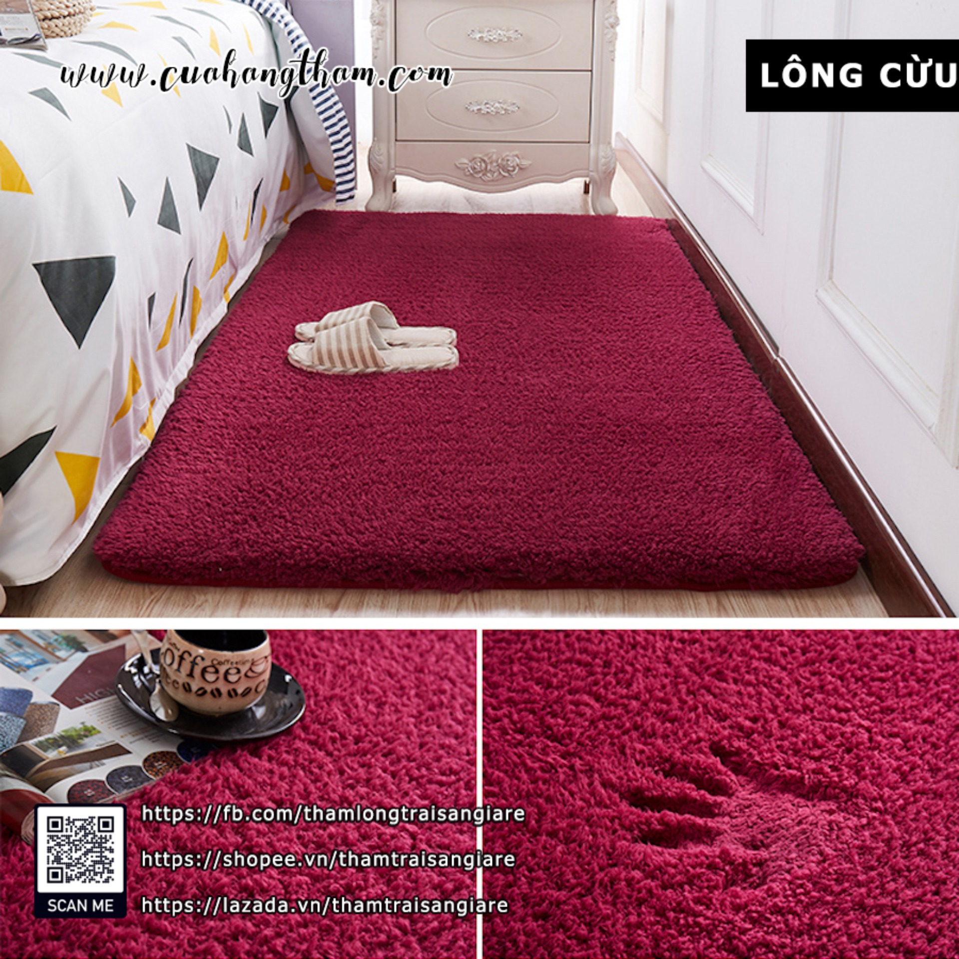 Thảm Trải Sàn Phòng Ngủ Lông Cừu Màu Đỏ Vang 1mx1m6 | CỪU | TUBECA
