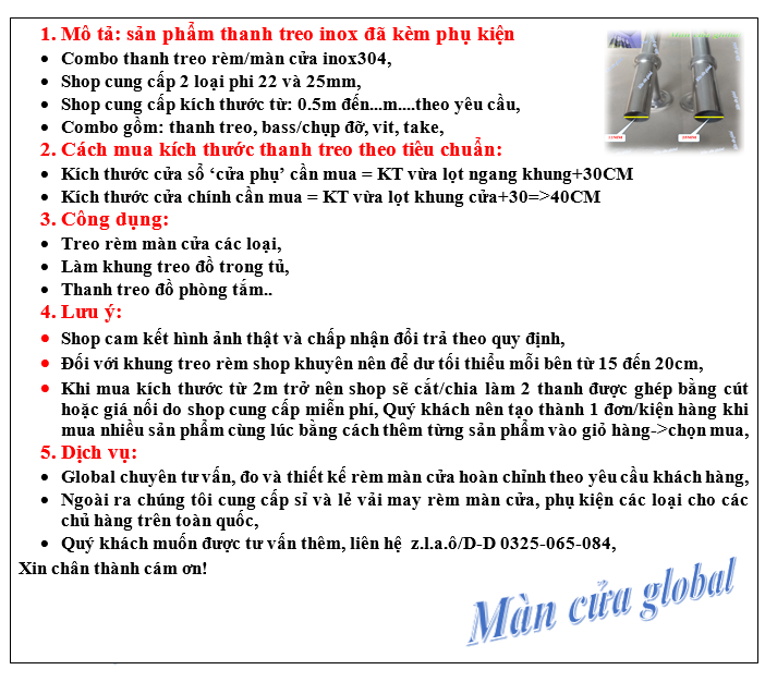 Thanh treo rèm màn cửa inox304 1.7m