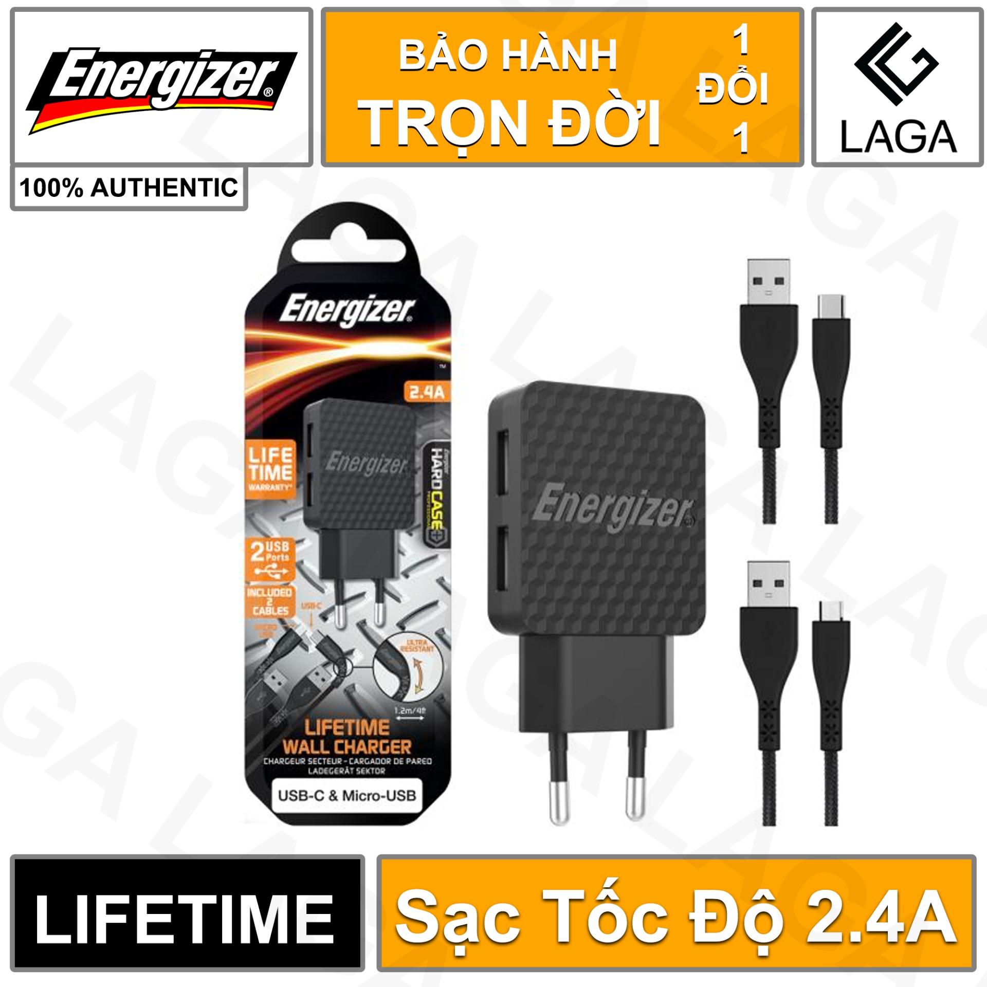 Sạc Energizer Lifetime Warranty 2.4A 2 USB kèm cáp USB Type C 2.0 & Micro USB - AC2BEULCMM