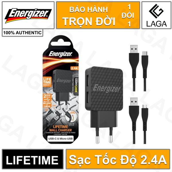 Sạc Energizer Lifetime Warranty 2.4A 2 USB kèm cáp USB Type C 2.0 & Micro USB - AC2BEULCMM