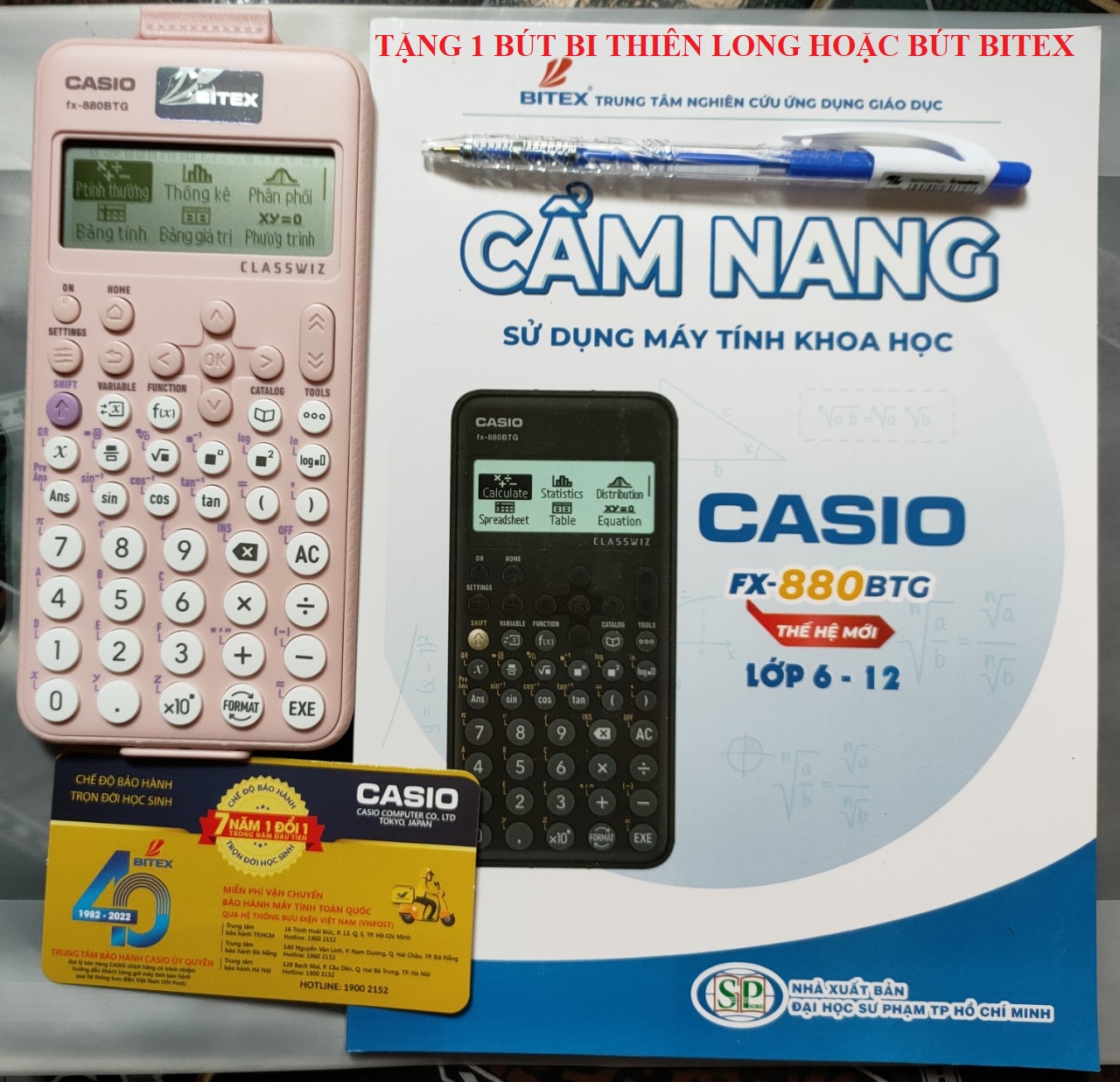 Combo máy tính Casio 880BTG Hồng và Cẩm nang HDSD