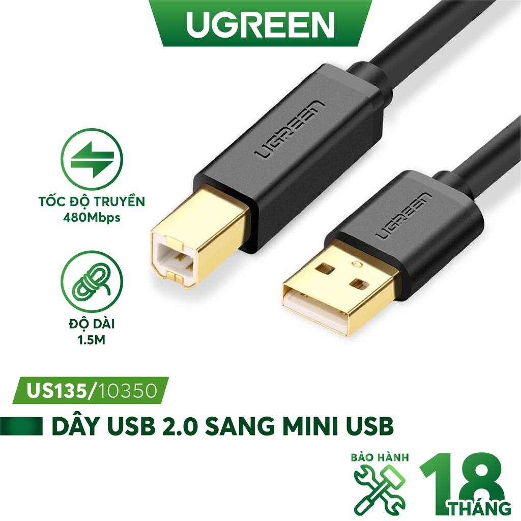 Cáp usb 2.0 máy in 1,5m ugreen 10350 đầu cáp mạ vàng