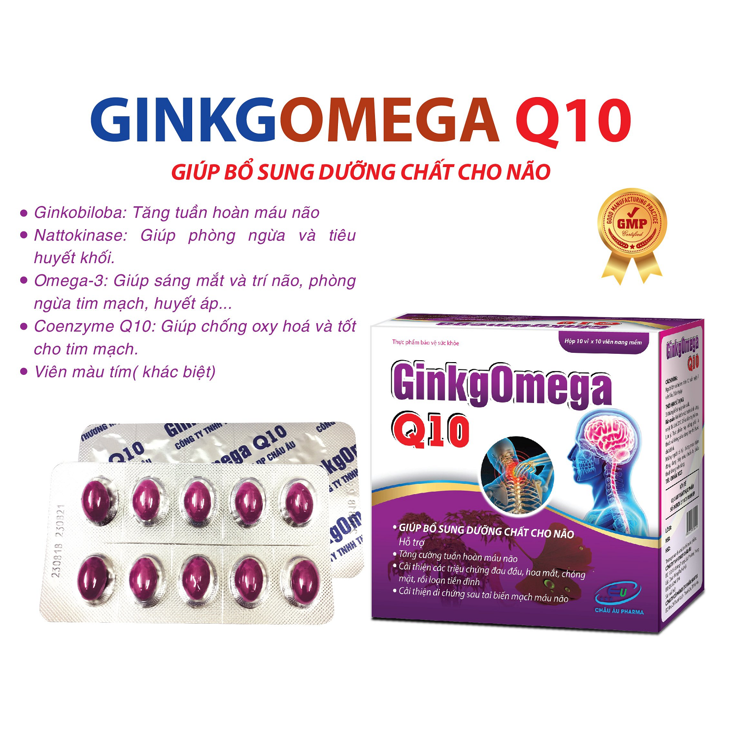 Hoạt Huyết Dưỡng Não Ginkgomega Q10 - Giúp Bổ Sung Dưỡng Chất Cho Não, Giảm Đau Vai Gáy, Tê Bì Chân Tay - Tăng Cường Thị Lực Cho Mắt - Hộp 100 Viên