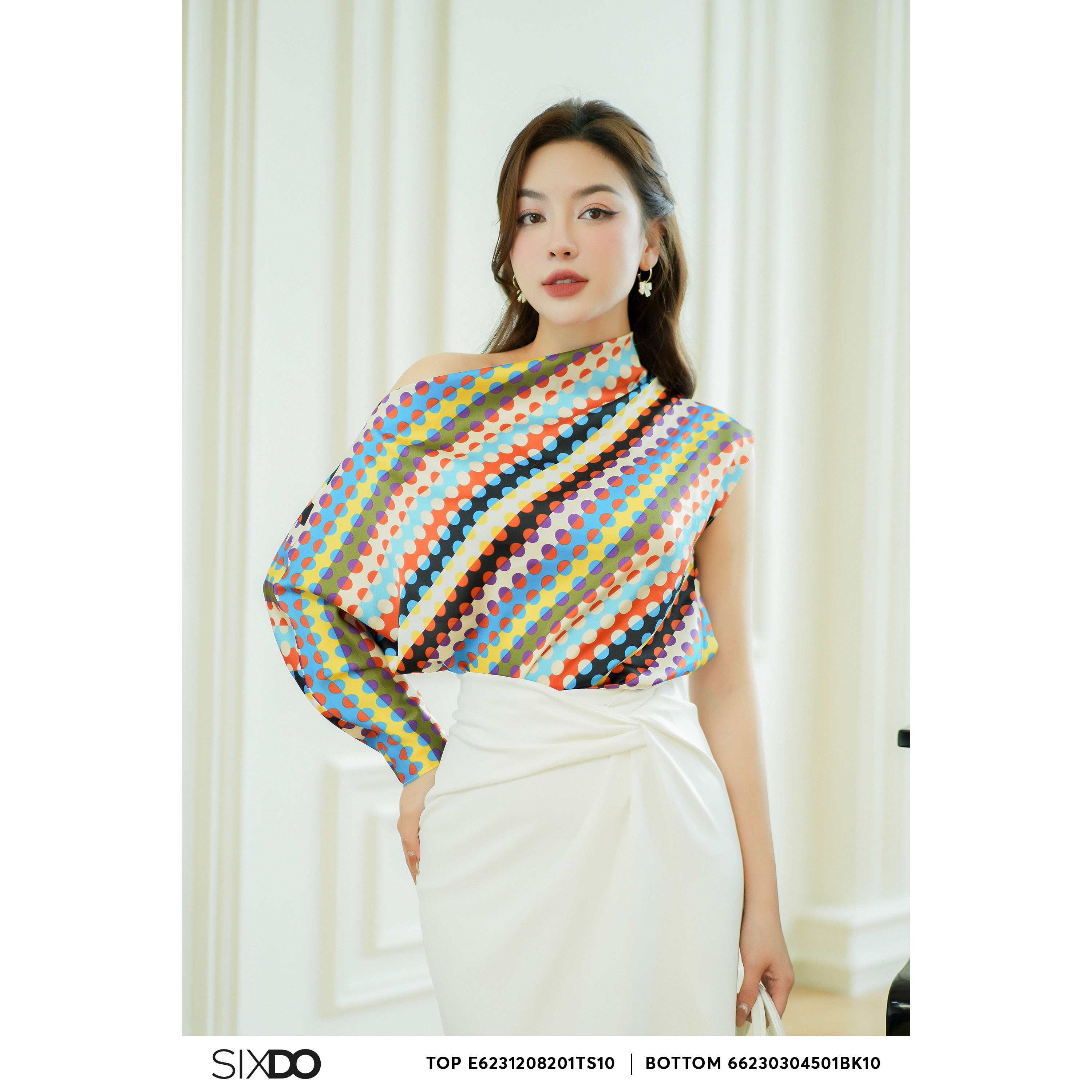 Áo lụa lệch vai chấm bi màu sắc SIXDO (Multicolor Polka Dot Silk Top)
