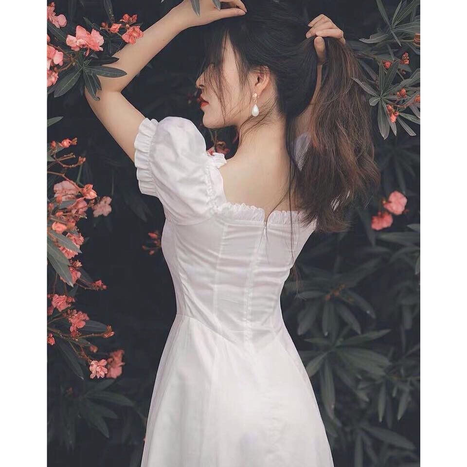 Đầm cổ bèo đan dây trước 2 màu