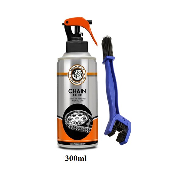 Combo chai xịt bảo dưỡng sên xích, sên phốt cao su Megacools Chain Lube và bàn chải vê sinh sên 3D cao cấp