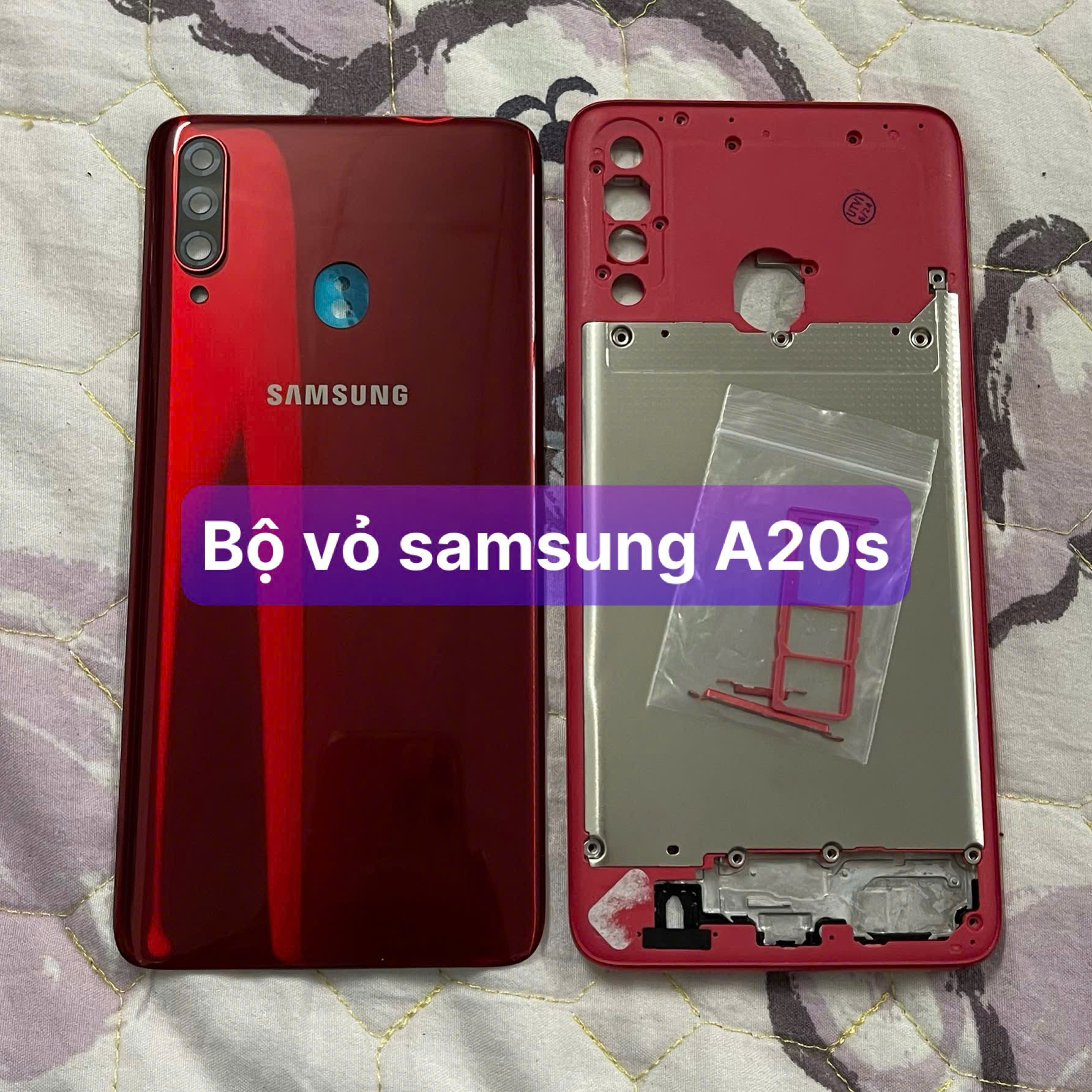 bộ vỏ samsung A20s ,kèm khay sim, phím, kính camera