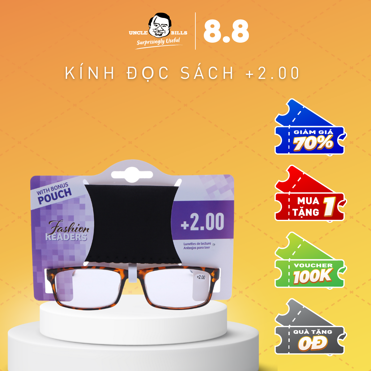 Kính đọc sách +2.00 độ viễn kèm túi đựng kính ubl ae0692