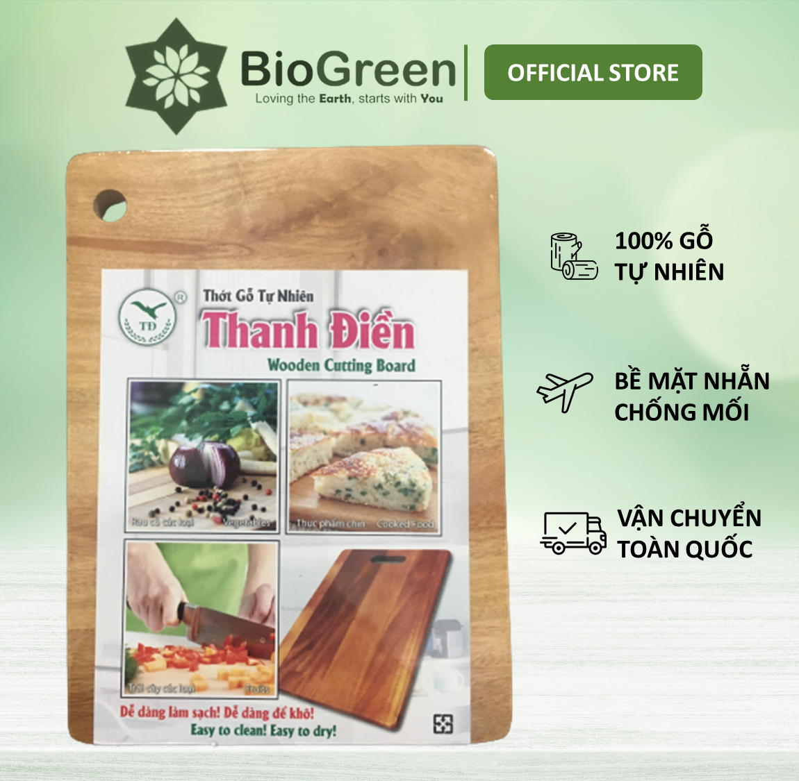 Thớt gỗ xà cừ hình chữ nhật 21 x 29 cm móc treo khoét lỗ tròn