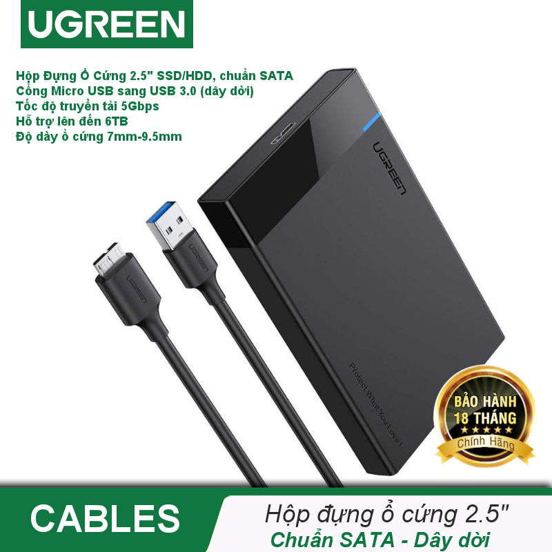 Hộp đựng ổ cứng SATA 2.0/3.0 2.5" và SSD vỏ nhựa ABS cao cấp (dây dời) UGREEN 30848 US221