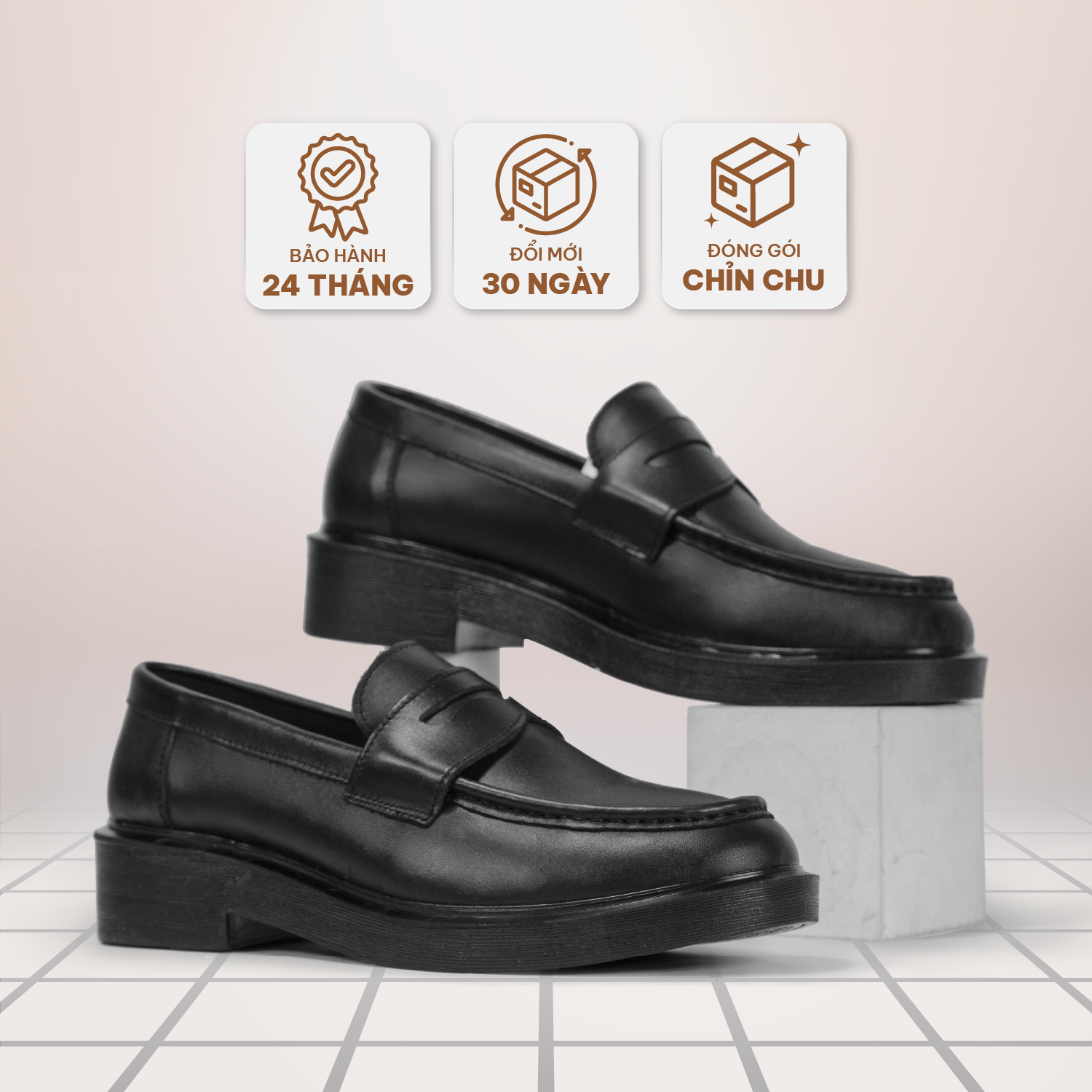 Giày lười nam Penny Loafer kiểu giày da nam đế cao, Giày Loafer đen trắng bằng da bò Nappa cao cấp