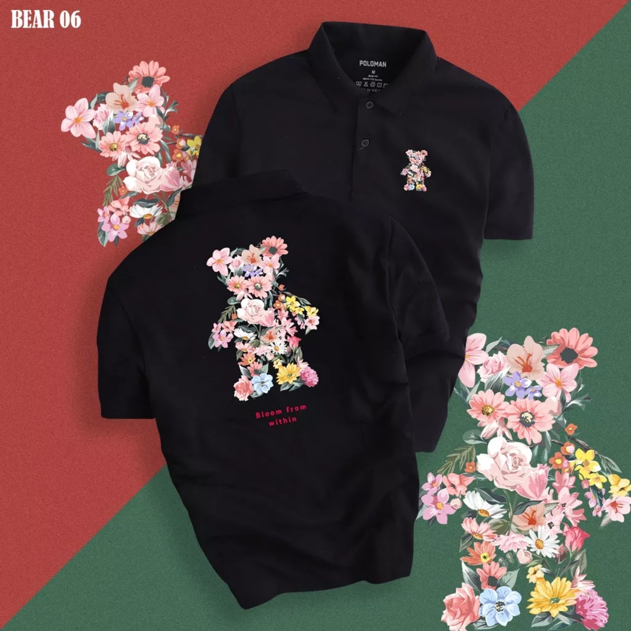 Áo thun cổ trụ cổ bâu polo gấu hoa - aothunsn