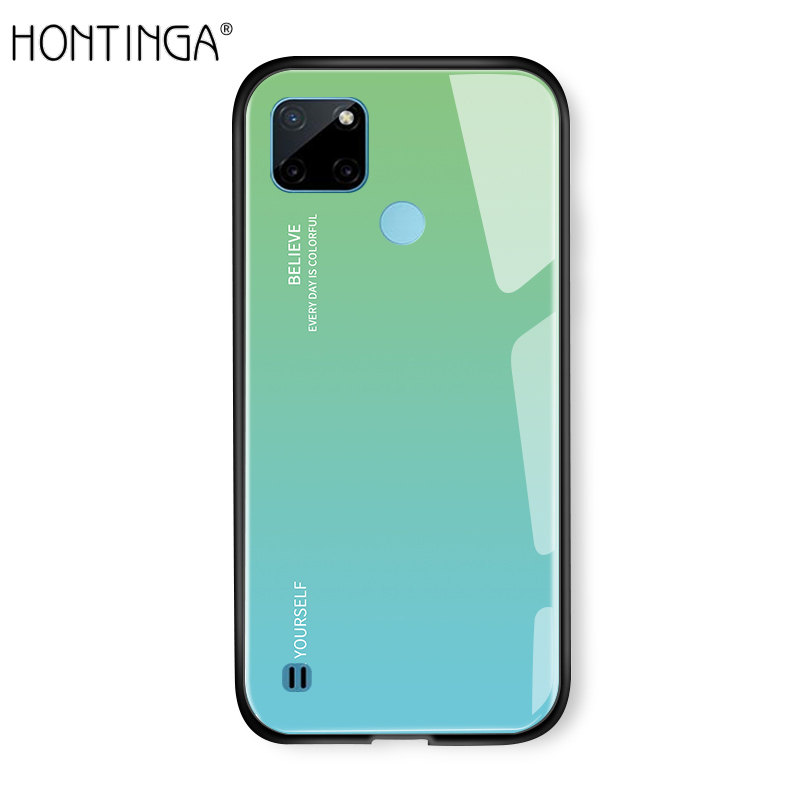 Hontinga Casing Case For Realme C21Y 2021 Case Luxury Aurora Rainbow Casing Gradient Series Case Shockproof Tempered Phone Cases Glass Back Cover Hard Case For Girls For Women For Boys