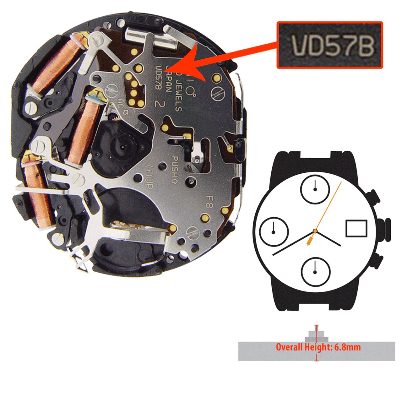 Máy đồng hồ 6 kim epson VD57 VD57B VD57C quartz chronograph movement