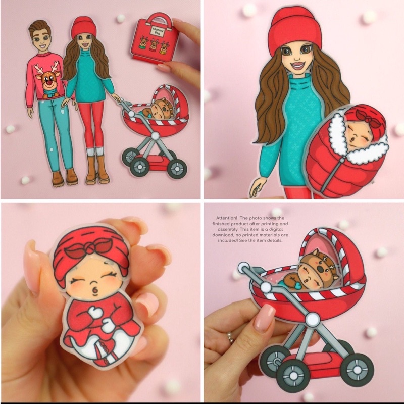 Gia đình búp bê giấy màu đỏ Doll House
