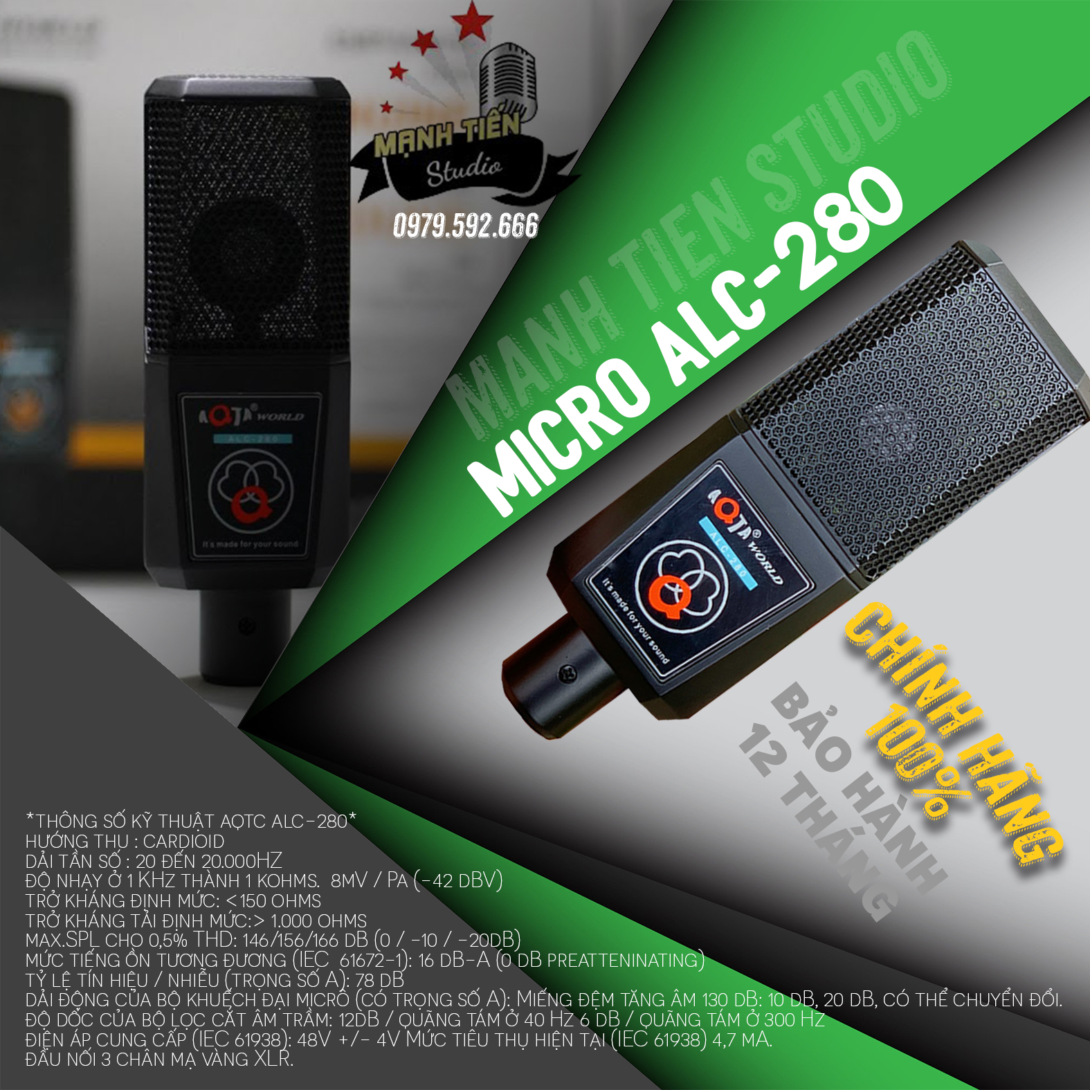 Micro thu âm chuyên nghiệp AQTA ALC-280 Hát Karaoke, Hát Live Stream, âm thanh chuẩn phòng thu lọc tiếng ồn, bắt âm cực tốt chính hãng giá rẻ
