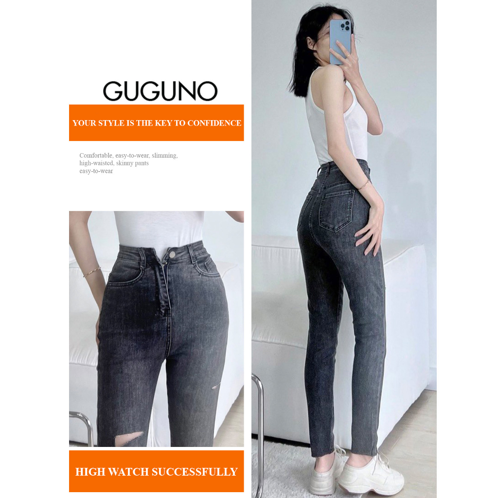 Quần jeans nữ skinny dáng ôm lưng siêu cao trơn basic GUGUNO